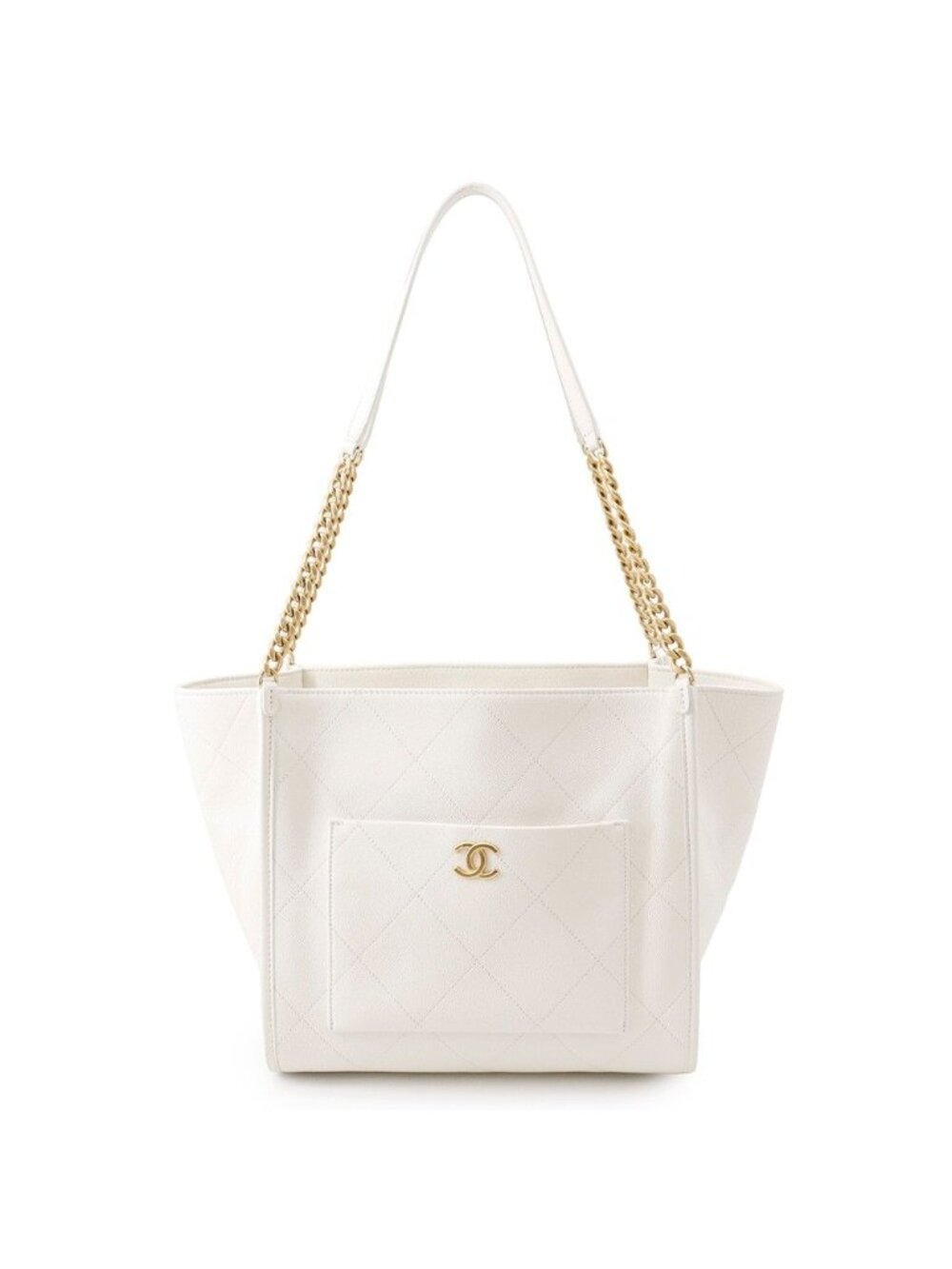 Chanel Chain Tote CC Logo Stitch Pocket CC Caviar Leather Shoulder Bag White